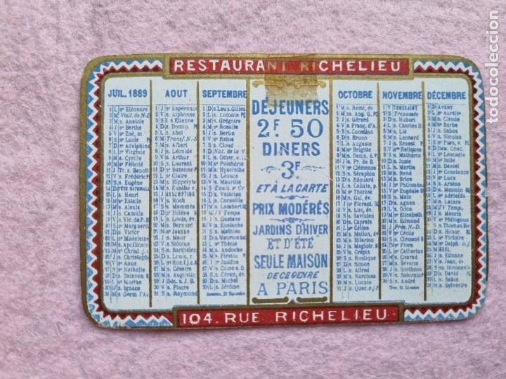 Coleccionismo Calendarios: CALENDARIO BOLSILLO 1890 RESTAURANT RICHELIEU CON SANTORAL