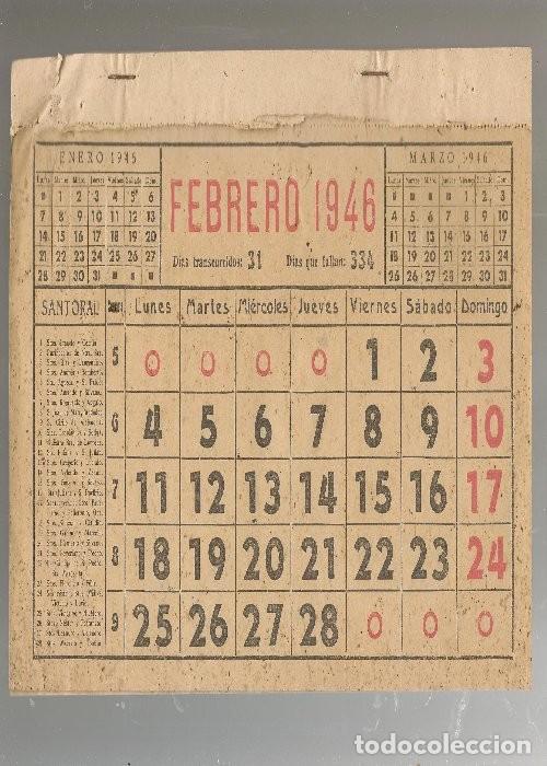 Coleccionismo calendarios: 02863 almanaque DE PARED 1946, febrero a diciembre nnni