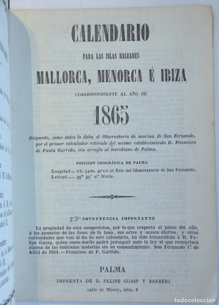 Coleccionismo Calendarios: Calendario para las Islas Baleares. Mallorca, Menorca e Ibiza, correspondiente al a&ntilde;o 1865