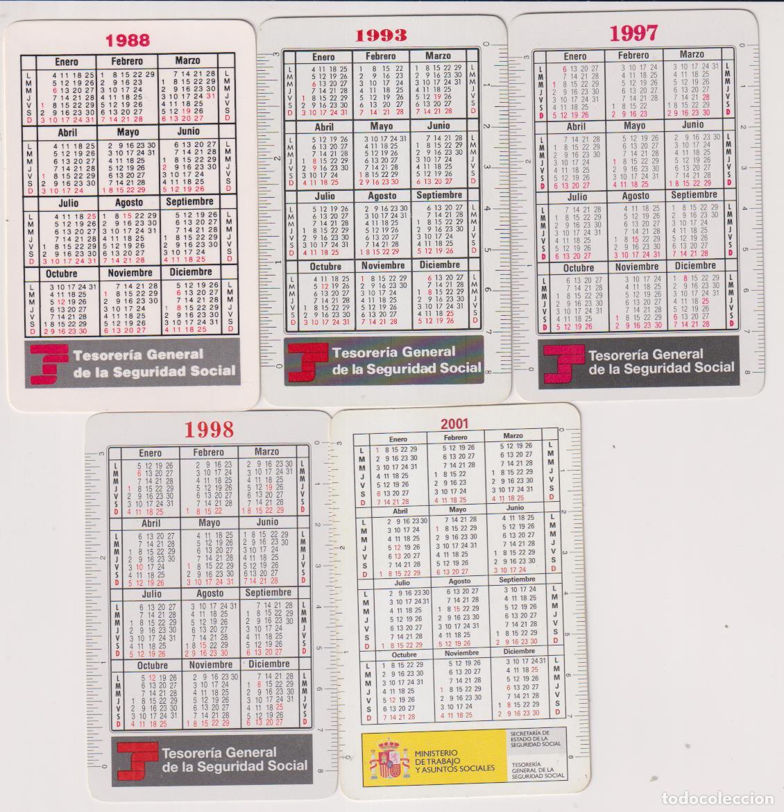 Collectables Calendars: Lote de 5 Calendarios. Tesorer&iacute;a General de la Seguridad Social. 1988, 1993, 1997, 1998 y 2001