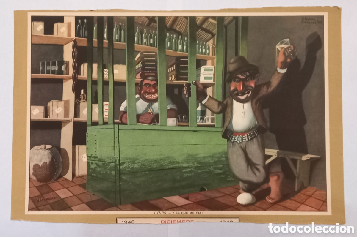Sammeln von Kalendern: Antigua lamina de almanaque dibujo de F. Molina Campos 1940 env&iacute;o de M&aacute;laga
