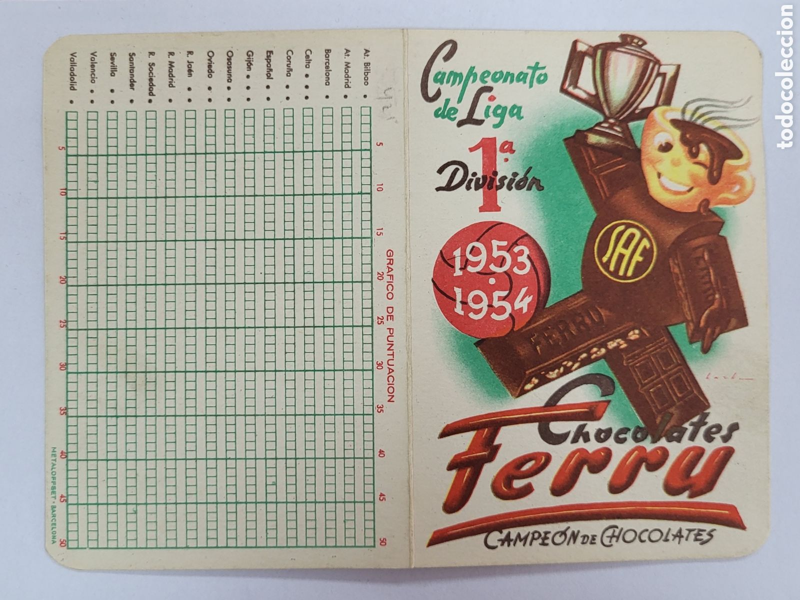 Colecionismo Calend&aacute;rios: ■ CALENDARIO CHOCOLATES FERRU CAMPEONATO LIGA 1953 1954