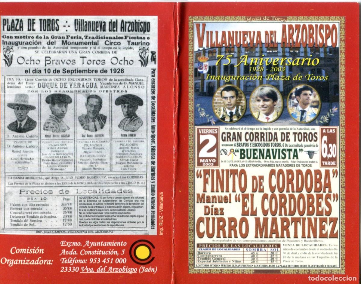 Coleccionismo calendarios: Calendario D0ble Cartel Corrida de Toros en Villanueva del Arzobispo A&ntilde;o 2003-2004 Toreros