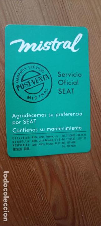 Coleccionismo calendarios: Calendario de bolsillo 1969 Mistral SA servicio Seat coches motor - cornella, esplugas, hospitalet