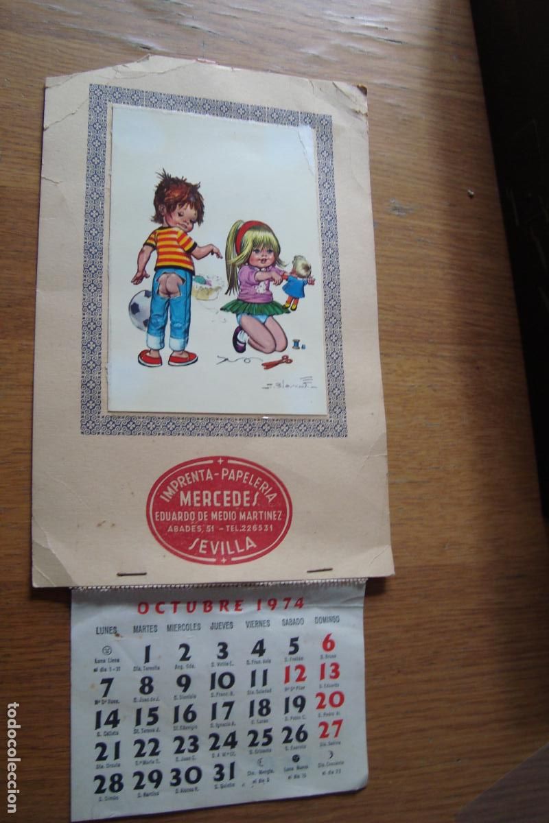 Coleccionismo calendarios: ANTIGUO CALENDARIO PARED IMPRENTA-PAPELERIA MERCEDES. EDUARDO DE MEDIO MARTINEZ. SEVILLA 1974
