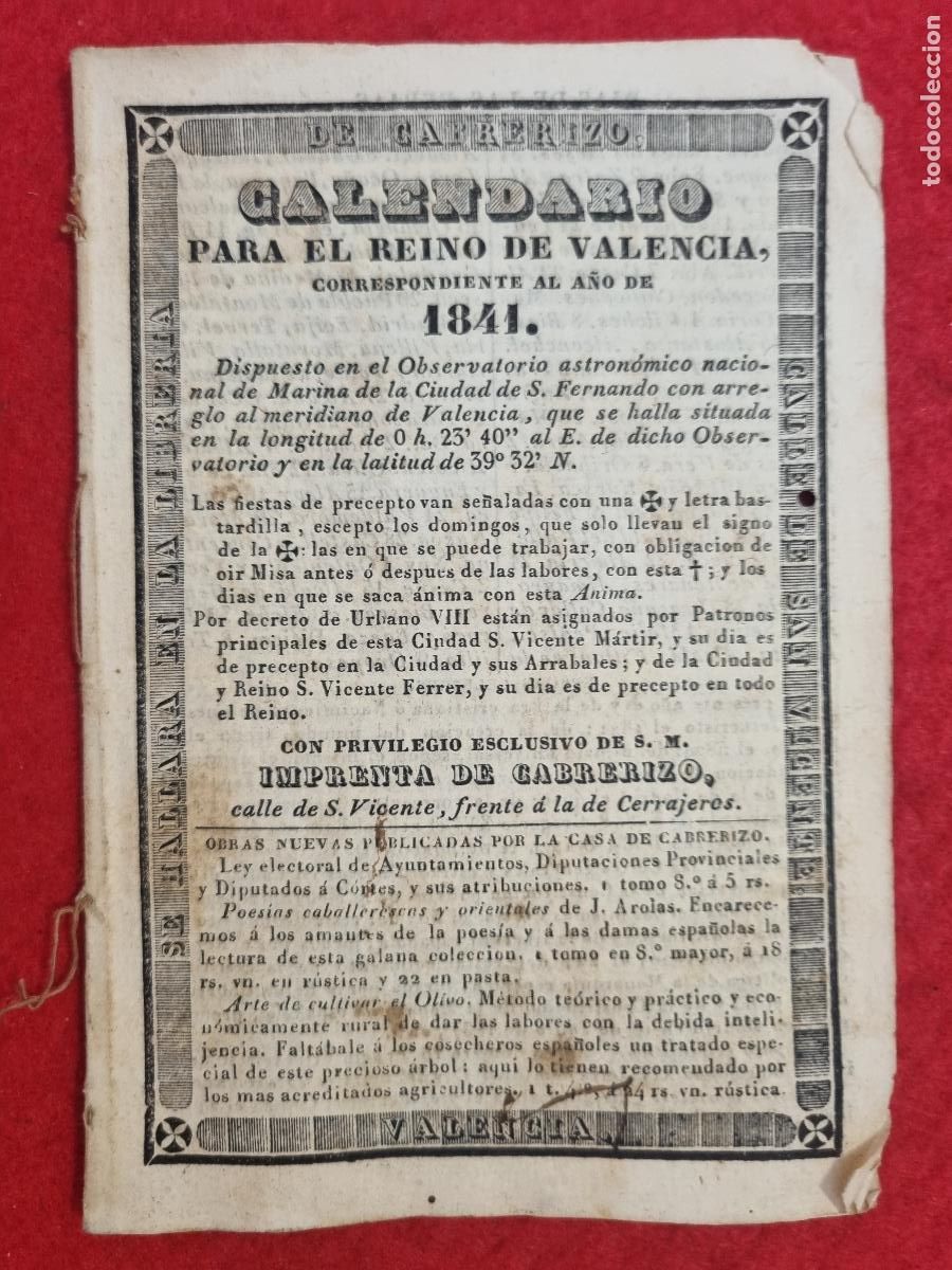 Collectables Calendars: CALENDARIO SIGLO XIX A&Ntilde;O 1841 PARA EL REINO DE VALENCIA ORIGINAL CR6