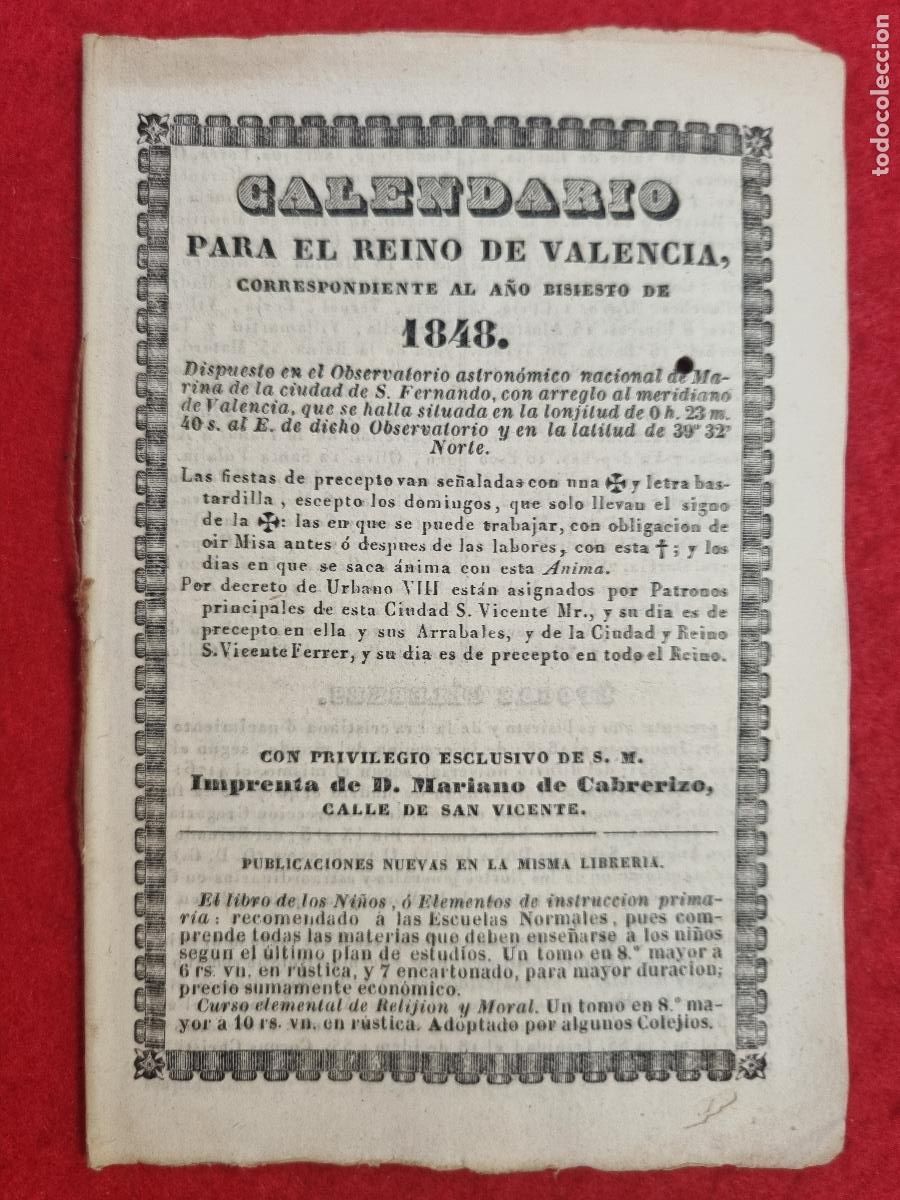 Colecionismo Calend&aacute;rios: CALENDARIO SIGLO XIX A&Ntilde;O 1848 PARA EL REINO DE VALENCIA ORIGINAL CR7