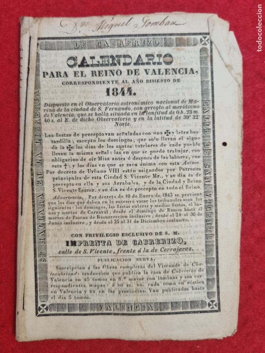 Colecionismo Calend&aacute;rios: CALENDARIO SIGLO XIX A&Ntilde;O 1844 PARA EL REINO DE VALENCIA ORIGINAL CR8
