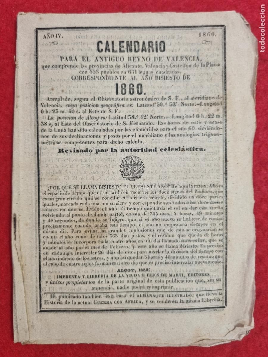 Colecionismo Calend&aacute;rios: CALENDARIO SIGLO XIX A&Ntilde;O 1860 PARA EL REINO DE VALENCIA ORIGINAL CR13