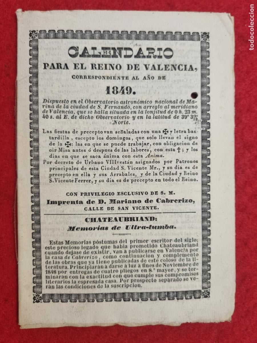 Colecionismo Calend&aacute;rios: CALENDARIO SIGLO XIX A&Ntilde;O 1849 PARA EL REINO DE VALENCIA ORIGINAL CR15
