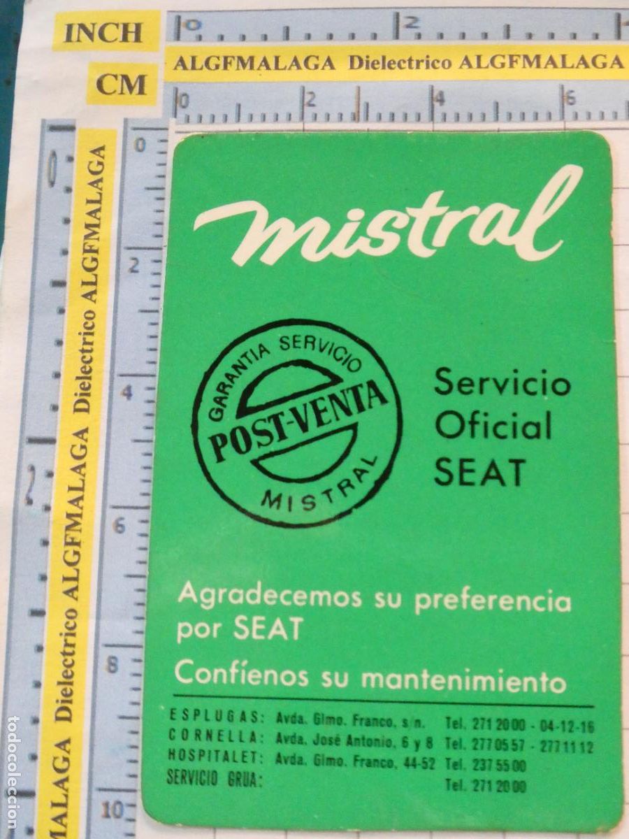 Sammeln von Kalendern: CALENDARIO DE BOLSILLO. A&Ntilde;O 1969. MISTRAL SERVICIO OFICIAL SEAT ESPLUGAS CORNELLA HOSPITALET. 179