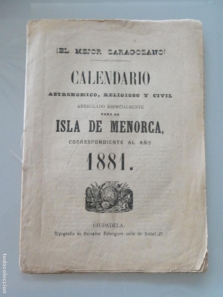 Collezionismo Calendari: CALENDARIO SIGLO XIX ASTRON&Oacute;MICO RELIGIOSO CIVIL ISLA DE MENORCA A&Ntilde;O 1881 CIUDADELA. 20GR