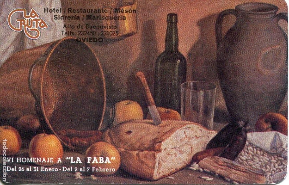 Collectionnisme Calendriers: CALENDARIO FOURNIER. VI HOMENAJE A LA FABA. HOTEL RESTAURANTE LA GRUTA. A&Ntilde;O 1988.
