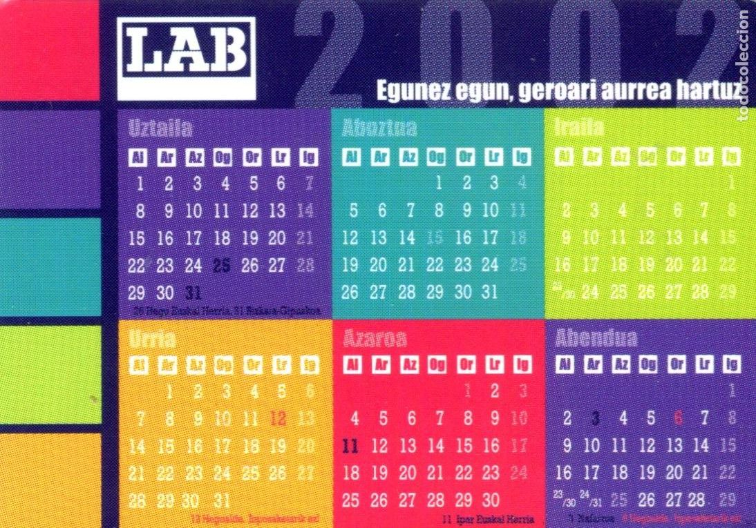 Collectionnisme Calendriers: CALENDARIO POLITICO SINDICATO VASCO LAB 2002