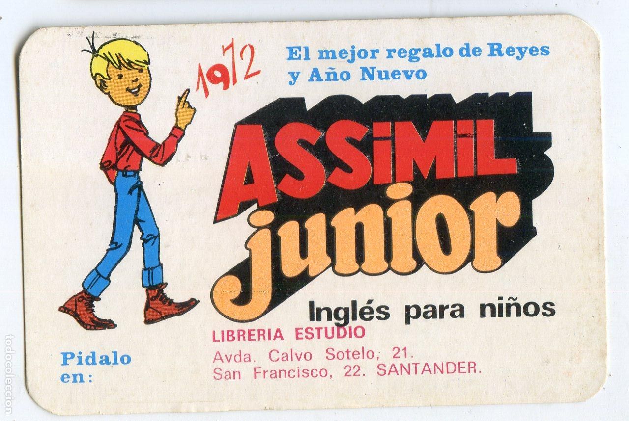 Sammeln von Kalendern: Calendario 1972 Assimil Junior, ingl&eacute;s para ni&ntilde;os, librer&iacute;a Estudio Santander