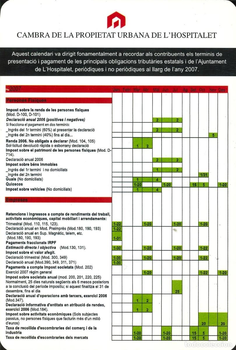 Coleccionismo Calendarios: CALENDARIO PUBLICIDAD - CAMBRA PROPIETAT URBANA DE L'HOSPITALET (BARCELONA) - CATALAN - A&Ntilde;O 2007