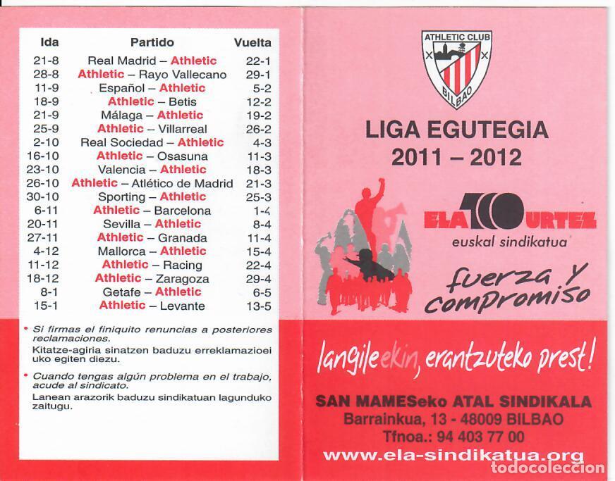 Coleccionismo Calendarios: CALENDARIO PUBLICIDAD D&Iacute;PTICO F&Uacute;TBOL - A&Ntilde;O 2012 - SINDICATO ELA - ATHLETIC DE BILBAO