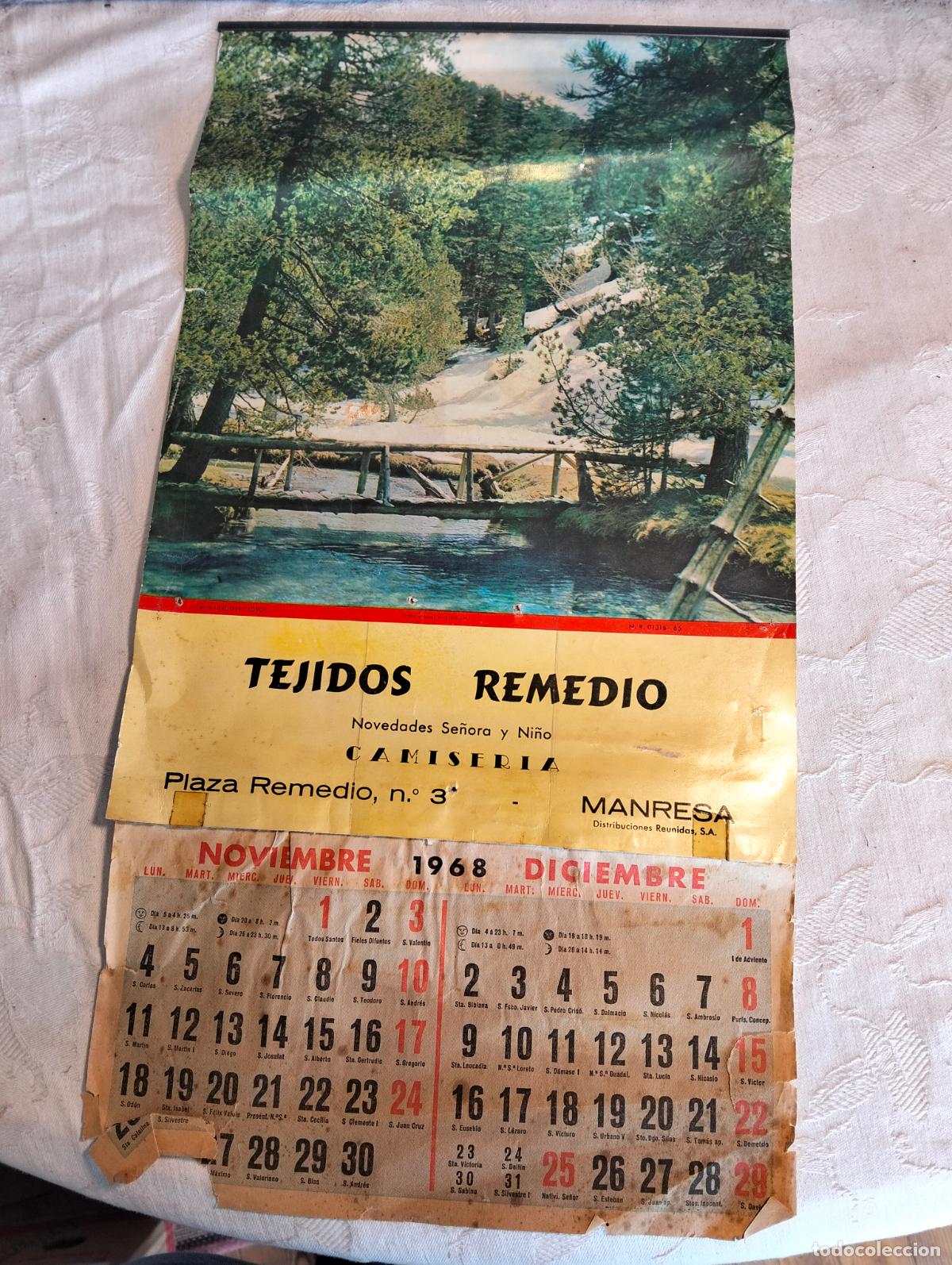 Coleccionismo Calendarios: Calendario antiguo Manresa tejidos remedio camiseria 1968 a&ntilde;os 60 incompleto