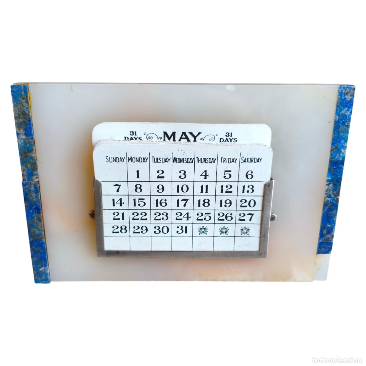 Coleccionismo Calendarios: Calendario Perpetuo de Sobremesa - &Aacute;gata Natural, Lapisl&aacute;zuli y Soporte de Plata - Vintage Estilo Ar