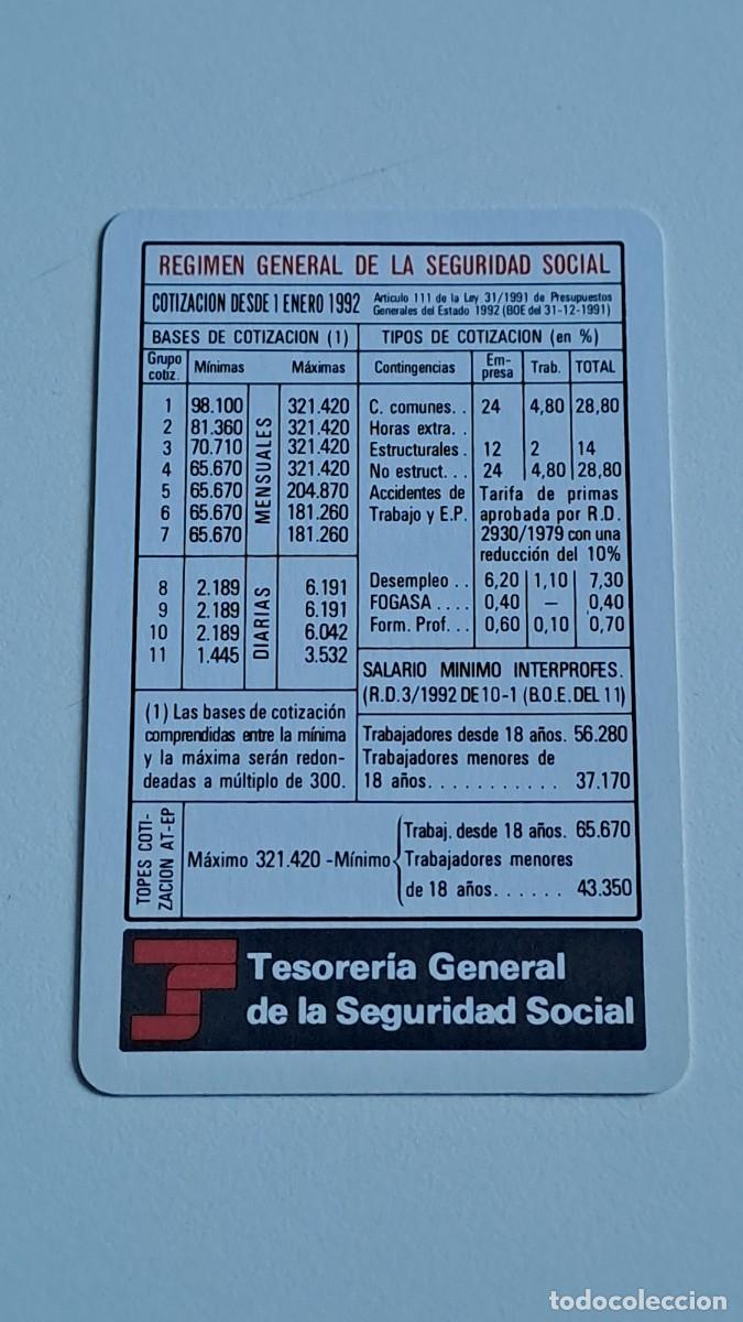 Sammeln von Kalendern: ANTIGUO CALENDARIO CUOTAS SEGURIDAD SOCIAL 1992