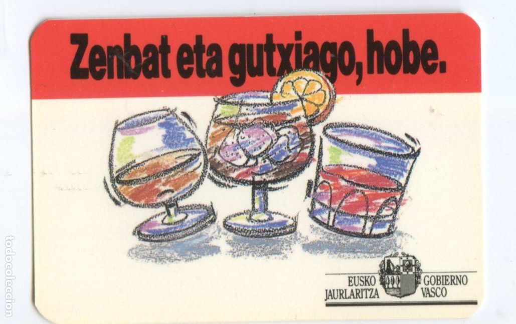 Colecionismo Calend&aacute;rios: Calendario 1988 Zenbat eta gutxiago, hobe. Gobierno Vasco campa&ntilde;a contra el consumo de alcohol