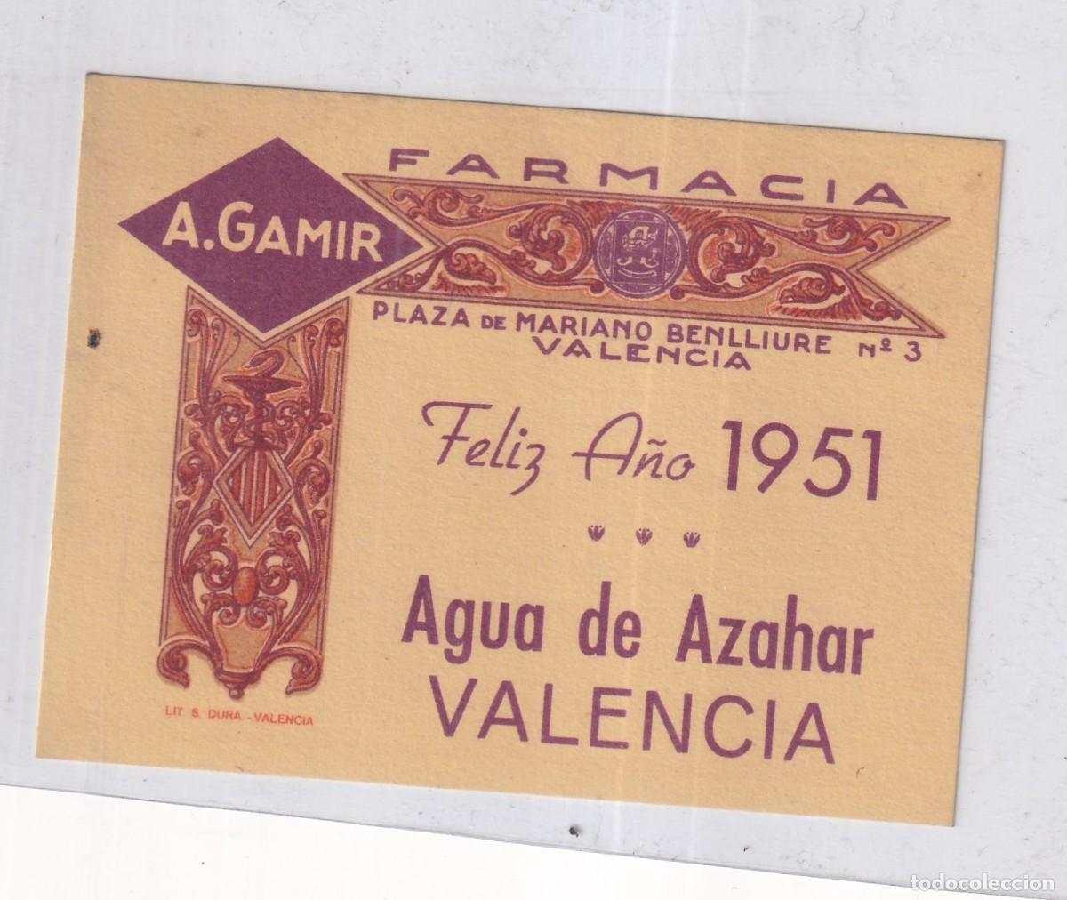 Sammeln von Kalendern: CALENDARIO AGUA DE AZAHAR, FARMACIA AURELIO GAMIR, VALENCIA. FELIZ A&Ntilde;O 1951
