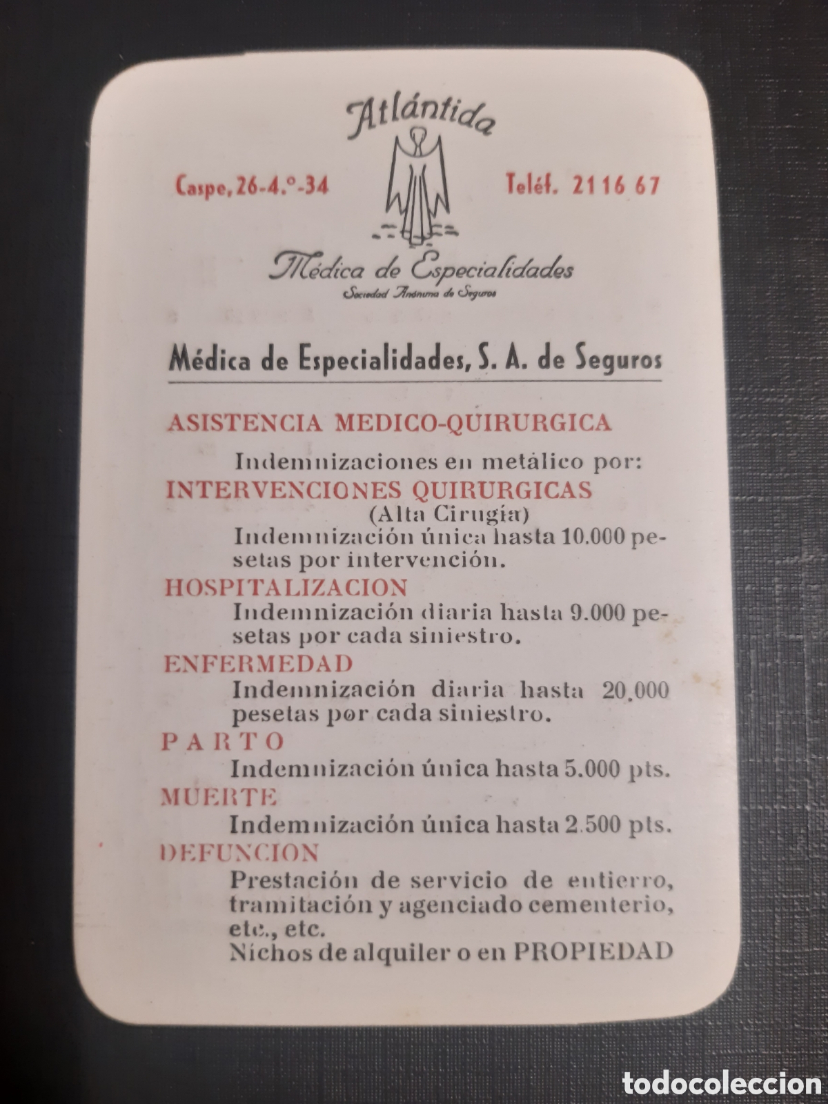 Coleccionismo Calendarios: Calendario seguros Atl&aacute;ntica 1961