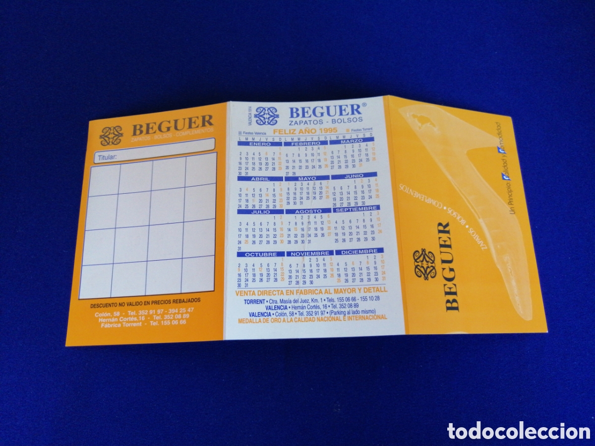 Sammeln von Kalendern: CALZADOS BEGUER ZAPATOS - BOLSOS - TARJETA FIDELIDAD CLIENTE N&Uacute;MERO DE SORTEO A&Ntilde;O 1995 CALENDARIO