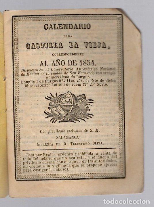 Coleccionismo calendarios: CALENDARIO PARA CASTILLA LA VIEJA CORRESPONDIENTE AL A&Ntilde;O 1854. IMP. TELESFORO OLIVA, SALAMANCA