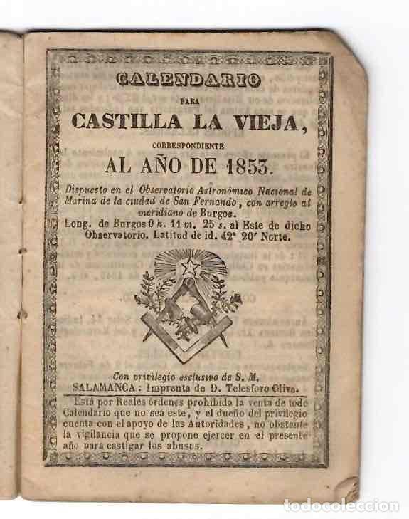 Coleccionismo calendarios: CALENDARIO PARA CASTILLA LA VIEJA CORRESPONDIENTE AL A&Ntilde;O 1853. IMP. TELESFORO OLIVA, SALAMANCA