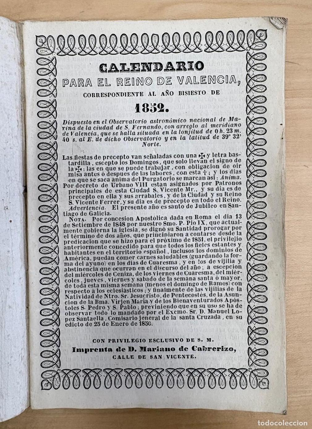 Coleccionismo calendarios: CALENDARIO PARA EL REINO DE VALENCIA, CORRESPONDIENTE AL A&Ntilde;O BISIESTO 1852. IMPRENTA CABRERIZO