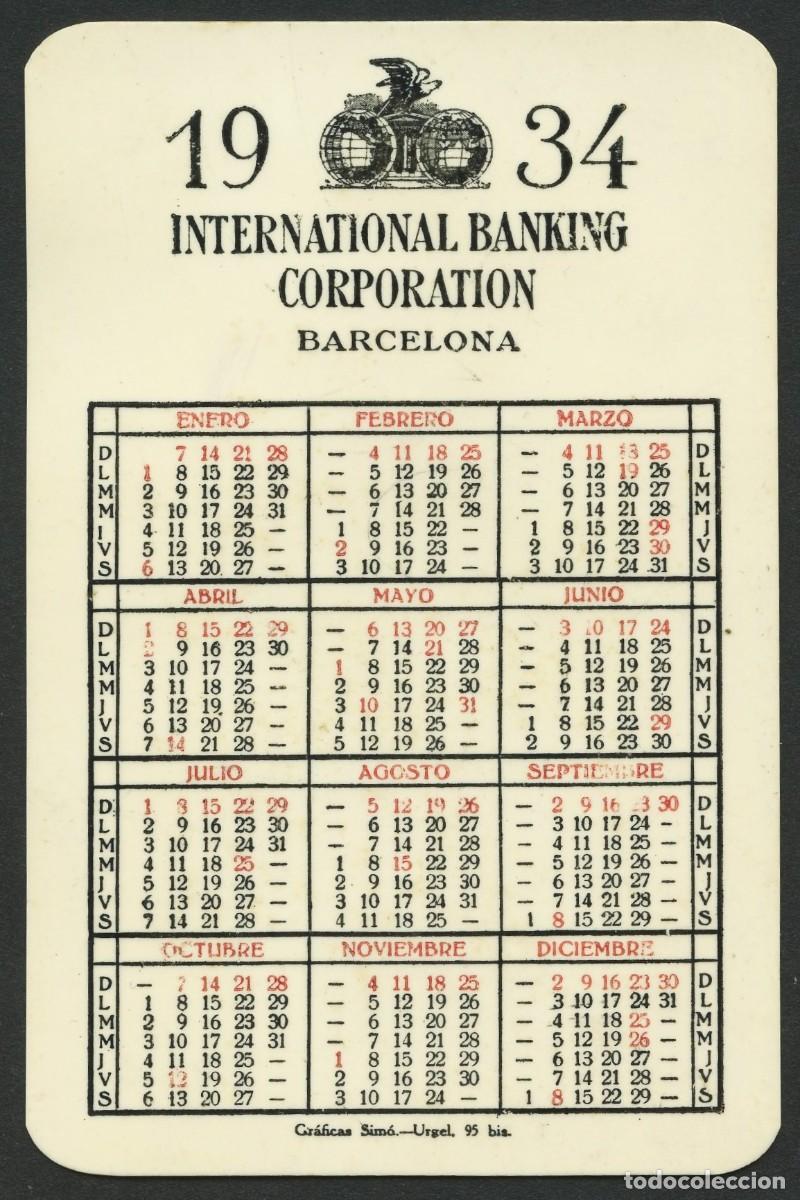 Colecionismo Calend&aacute;rios: CALENDARIO, INTERNATIONAL BANKING CORPORATION, BARCELONA, 1934
