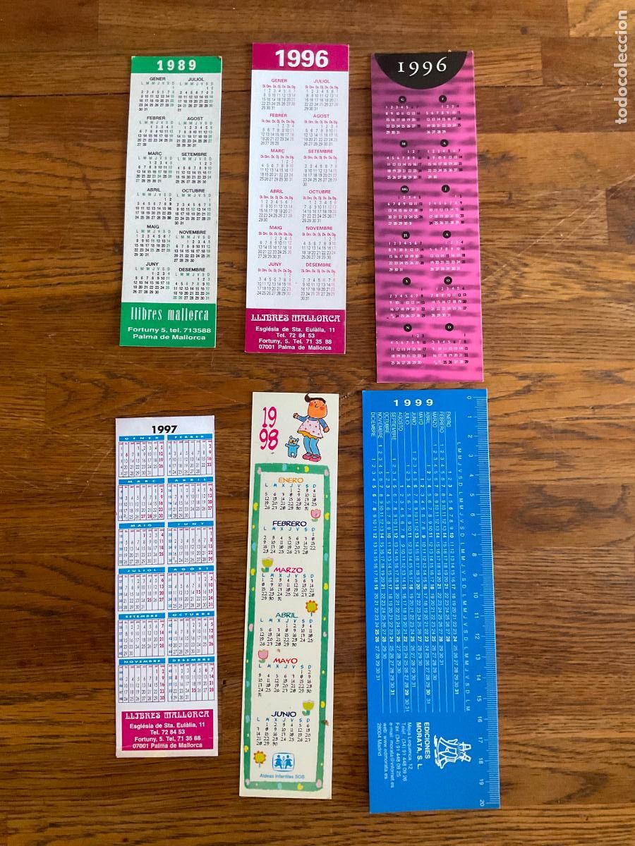 Coleccionismo calendarios: *PEDIDO M&Iacute;NIMO 5 EUROS* LOTE 6 MARCAP&Aacute;GINAS CON CALENDARIO ( ENTRE 1989/1999)