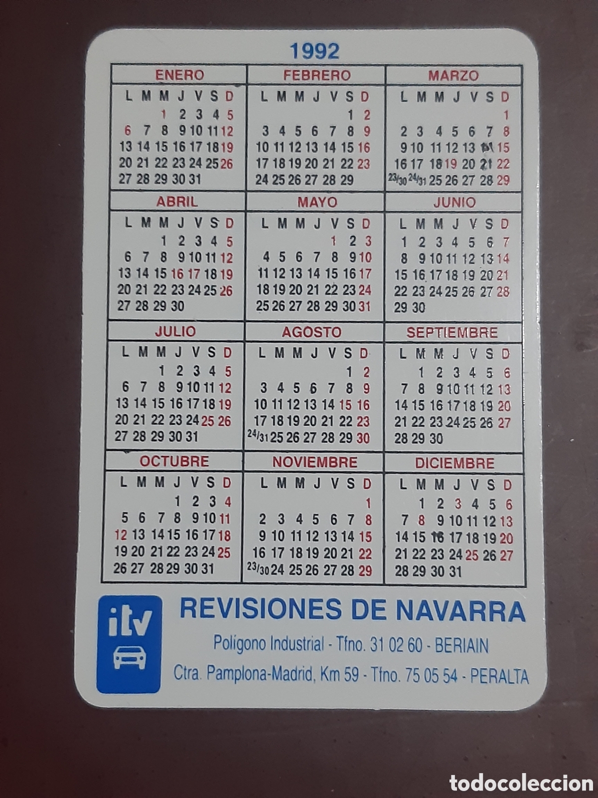Coleccionismo calendarios: Calendario ITV Navarra 1992 - Foto 2