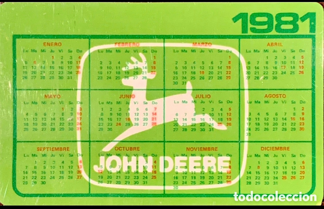 Coleccionismo calendarios: Calendario de bolsillo. Publicidad JOHN DEERE. Pl&aacute;stico. 1981.