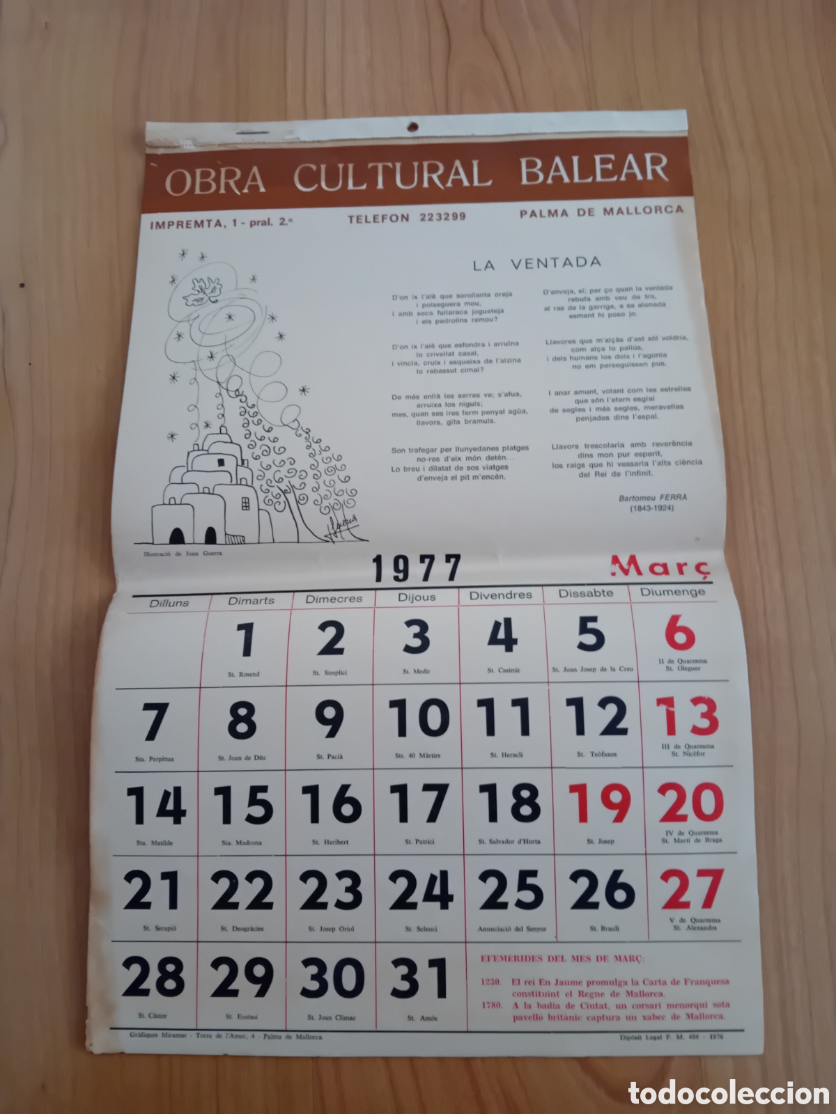 Coleccionismo calendarios: CALENDARIO INCOMPLETO MARZO A DICIEMBRE. OBRA CULTURAL BALEAR. DIBUJOS DE JOAN GUERRA. 1977