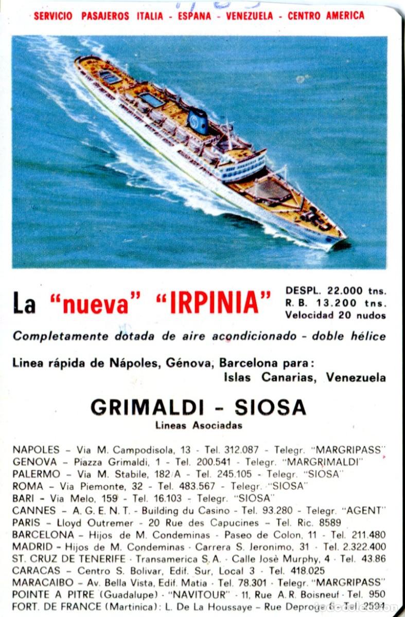 Colecionismo Calend&aacute;rios: CALENDARIO GRIMALDI - SIOSA LA NUEVA IRPINIA A&ntilde;o 1964 BARCO BUQUE TRANSPORTE PASAJEROS