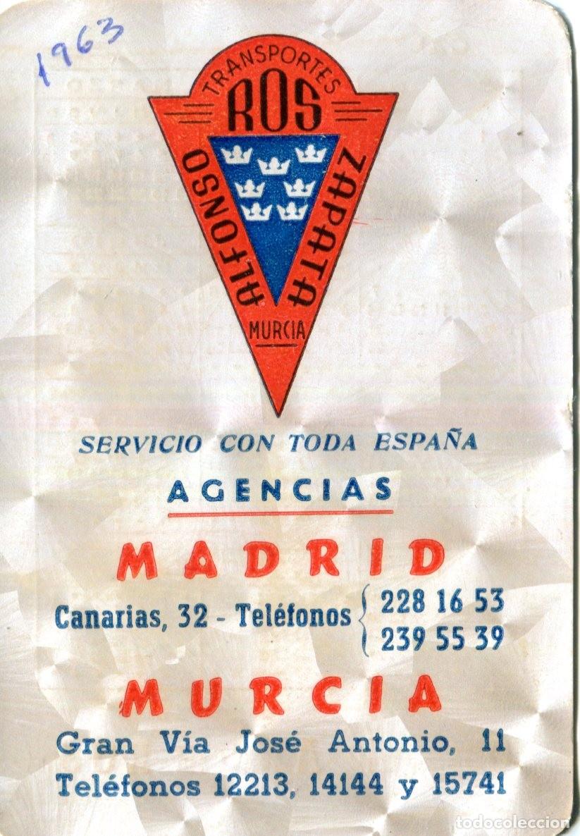 Coleccionismo calendarios: Calendario Transportes Alfonso Ros Zapata Madrid Murcia 1963