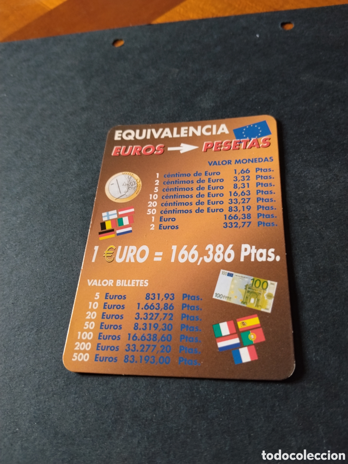 Coleccionismo calendarios: Calendario equivalencia euros pesetas