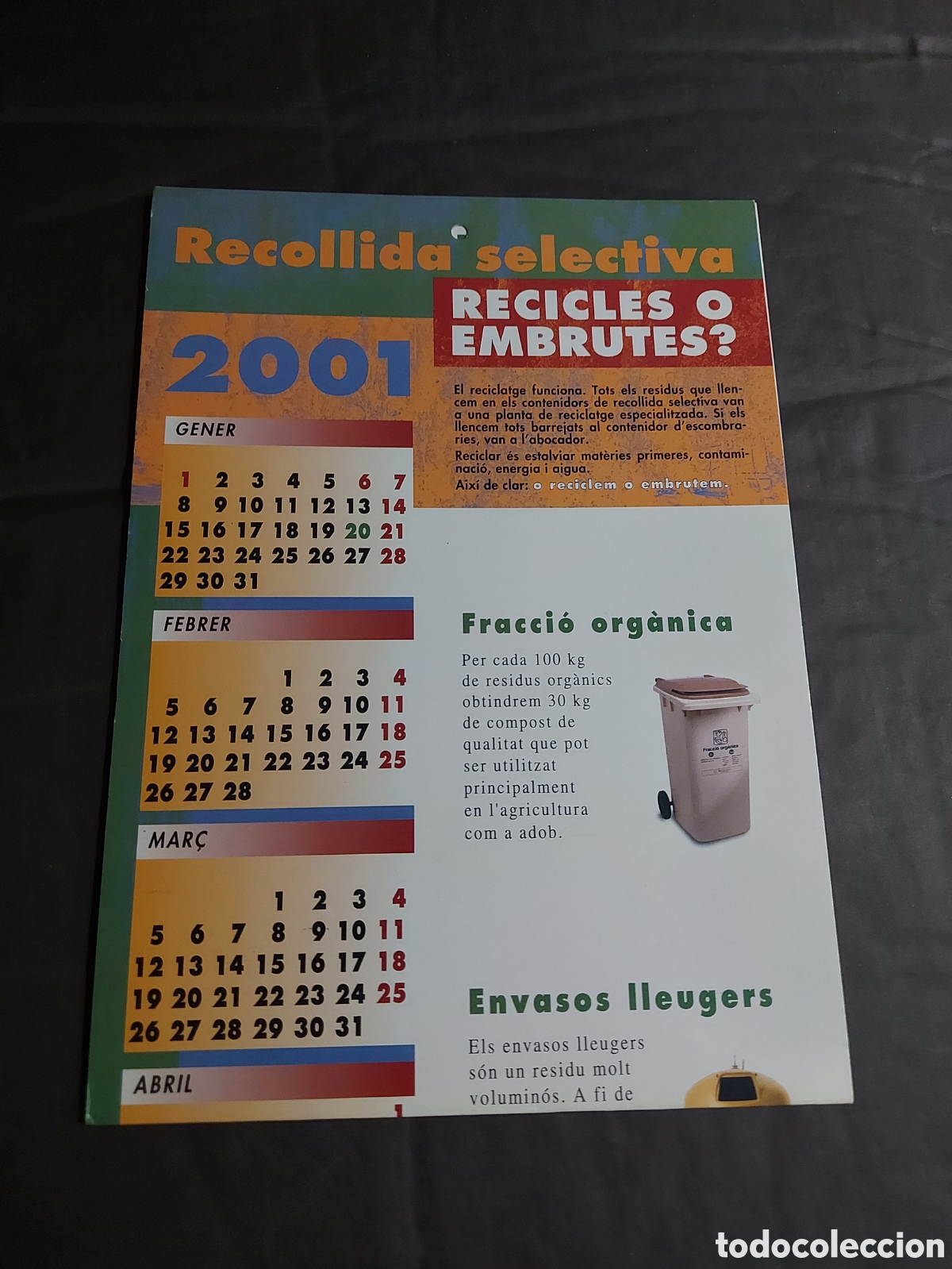 Coleccionismo calendarios: CALENDARIO 2001 recogida selectiva