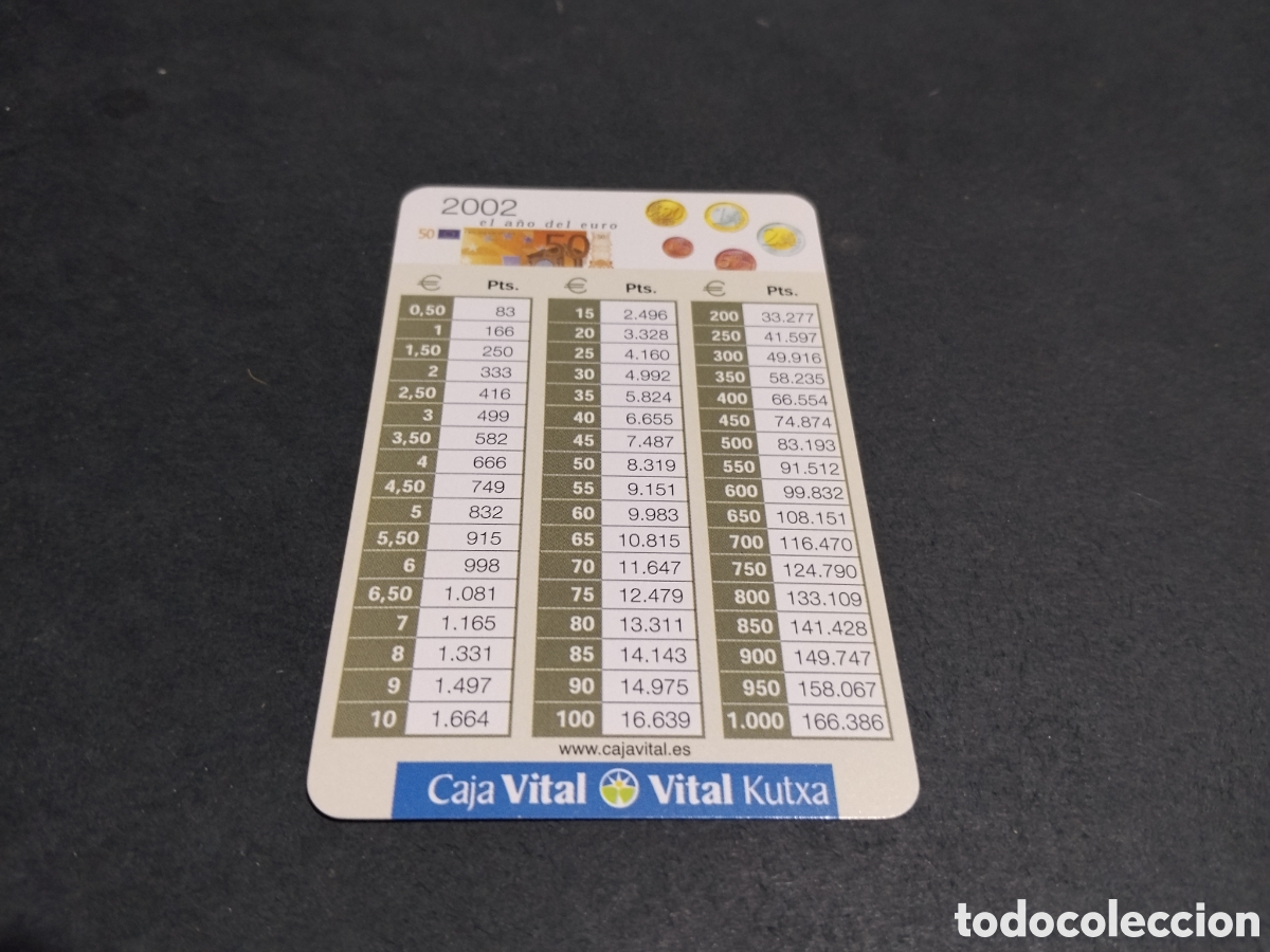 Coleccionismo calendarios: Calendario Fournier Caja Vital 2002 conversor pesetas euros