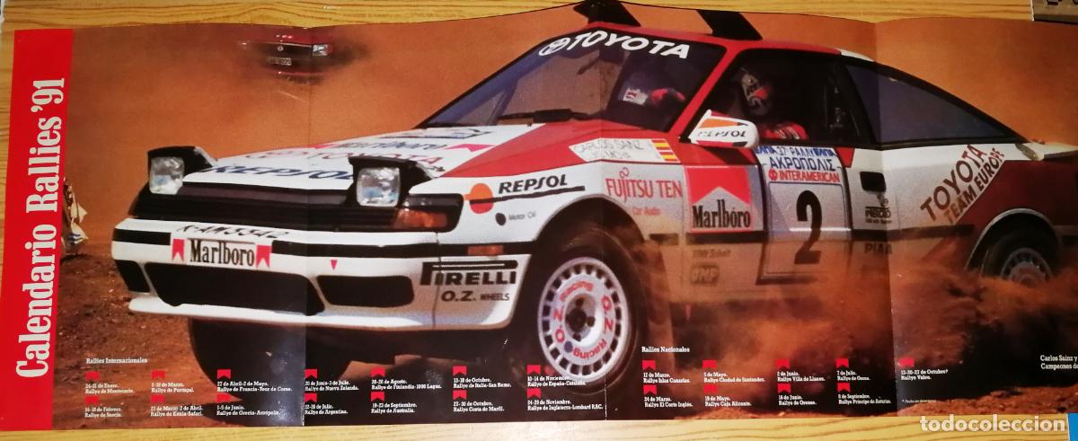 Coleccionismo calendarios: P&Oacute;STER. CALENDARIO MUNDIAL RALLYES 1991. Toyota Celica. Rally Acr&oacute;polis. Carlos S&aacute;inz, Luis Moya