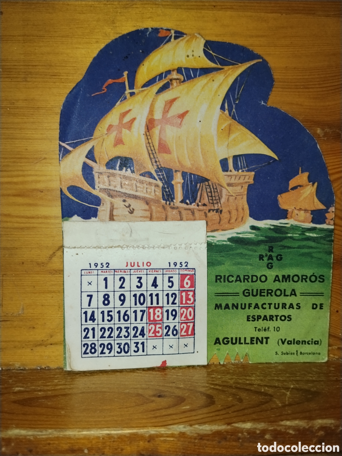Coleccionismo calendarios: Antiguo Calendario Troquelado 1952 - Ricardo Amor&oacute;s Agullent, Valencia Julio-Diciembre