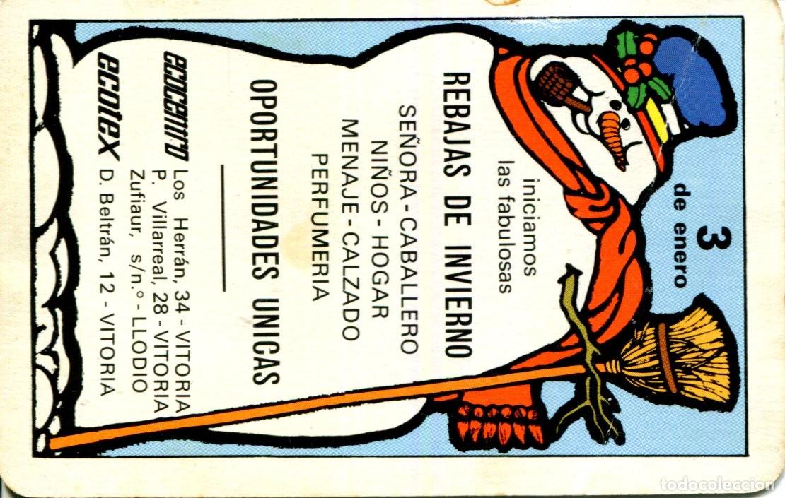 Coleccionismo calendarios: CALENDARIO FOURNIER. REBAJAS DE INVIERNO. ECOCENTRO. ECOTEX. 3 DE ENERO. A&Ntilde;O 1986. MU&Ntilde;ECO DE NIEVE.