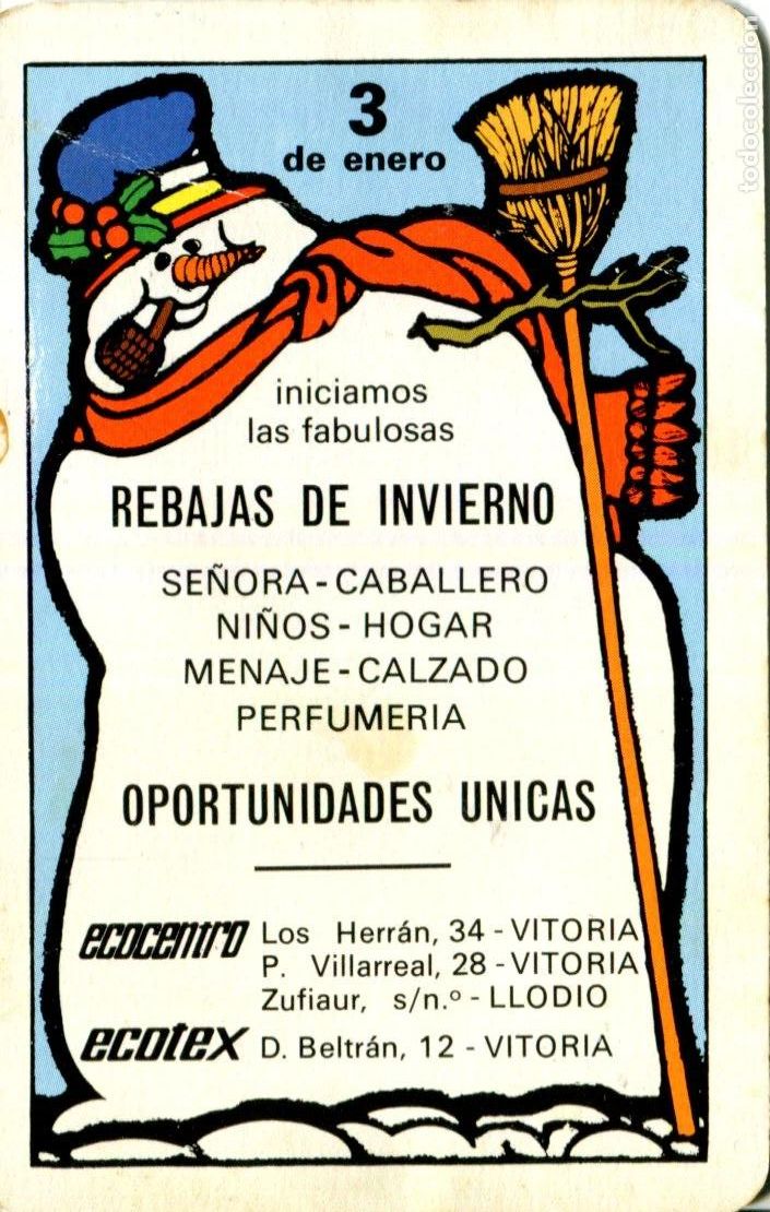 Coleccionismo calendarios: CALENDARIO FOURNIER. REBAJAS DE INVIERNO. ECOCENTRO. ECOTEX. 3 DE ENERO. A&Ntilde;O 1986. MU&Ntilde;ECO DE NIEVE.