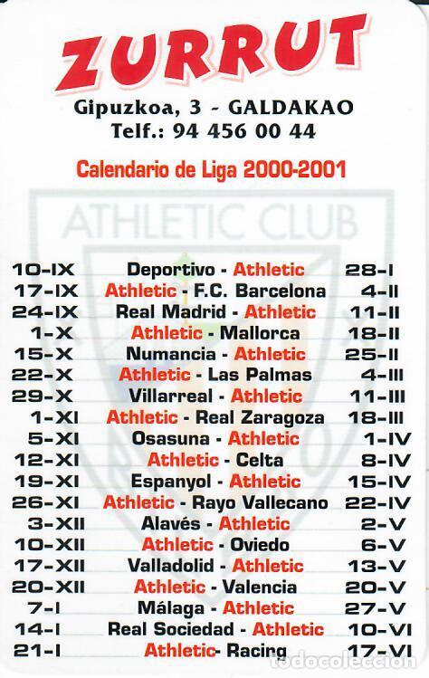 Coleccionismo calendarios: CALENDARIO DE PUBLICIDAD F&Uacute;TBOL - A&Ntilde;O 2001 - ZURRUT - ATHLETIC CLUB DE BILBAO