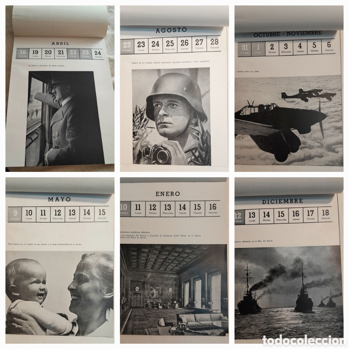 Coleccionismo calendarios: Calendario alem&aacute;n 1942 1943 en castellano con fotos de Hitler, despacho, Reich, buques, etc.