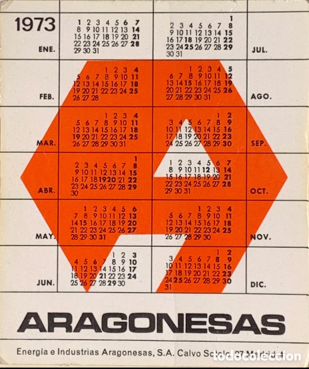 Coleccionismo calendarios: Calendario de bolsillo. ARAGONESAS, Energ&iacute;a e Industrias. 1973/1974.
