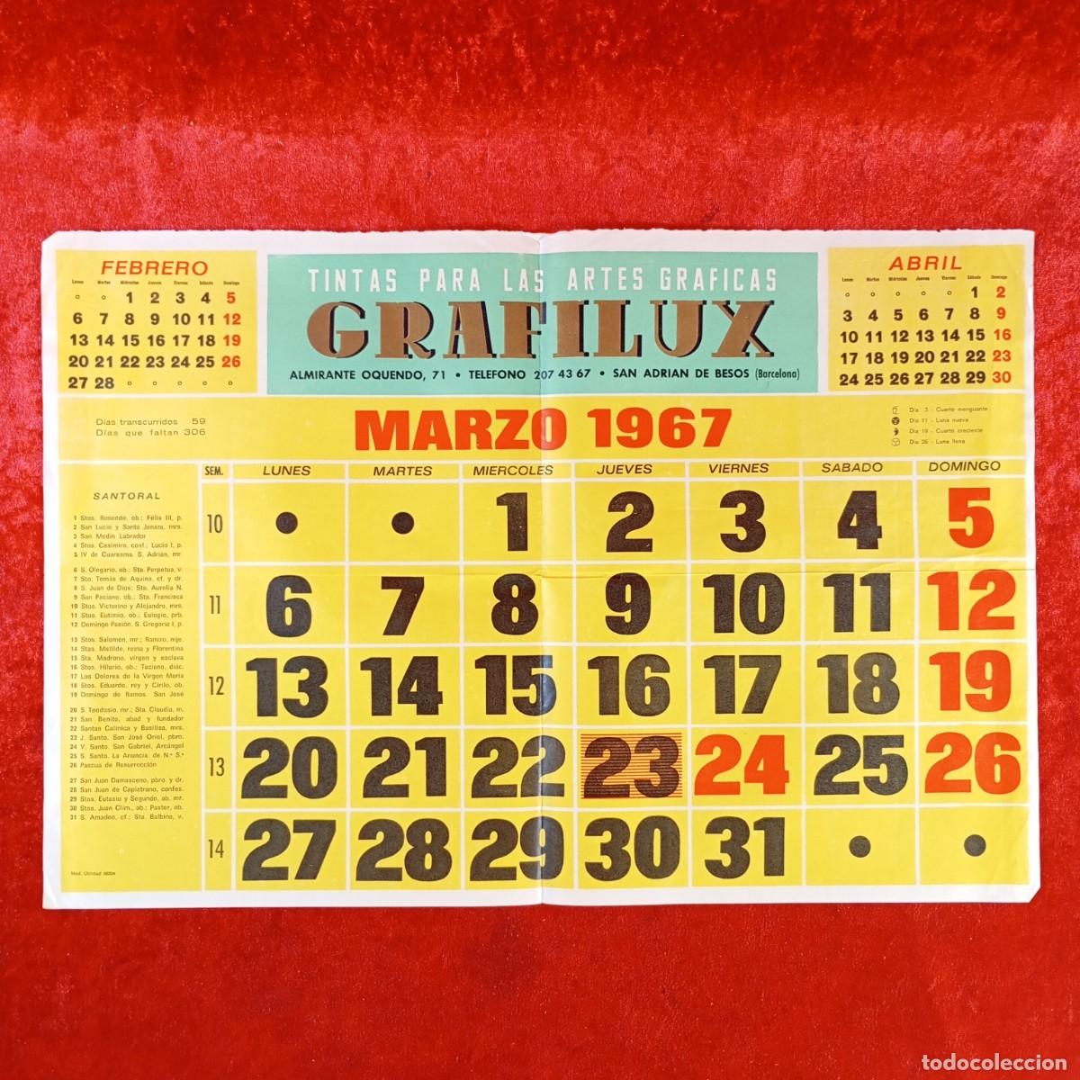 Coleccionismo calendarios: TINTAS PARA LAS ARTES GRAFICAS - GRAFILUX - PAGINA CALENDARIO - MARZO 1967 - PUBLICIDAD / 571