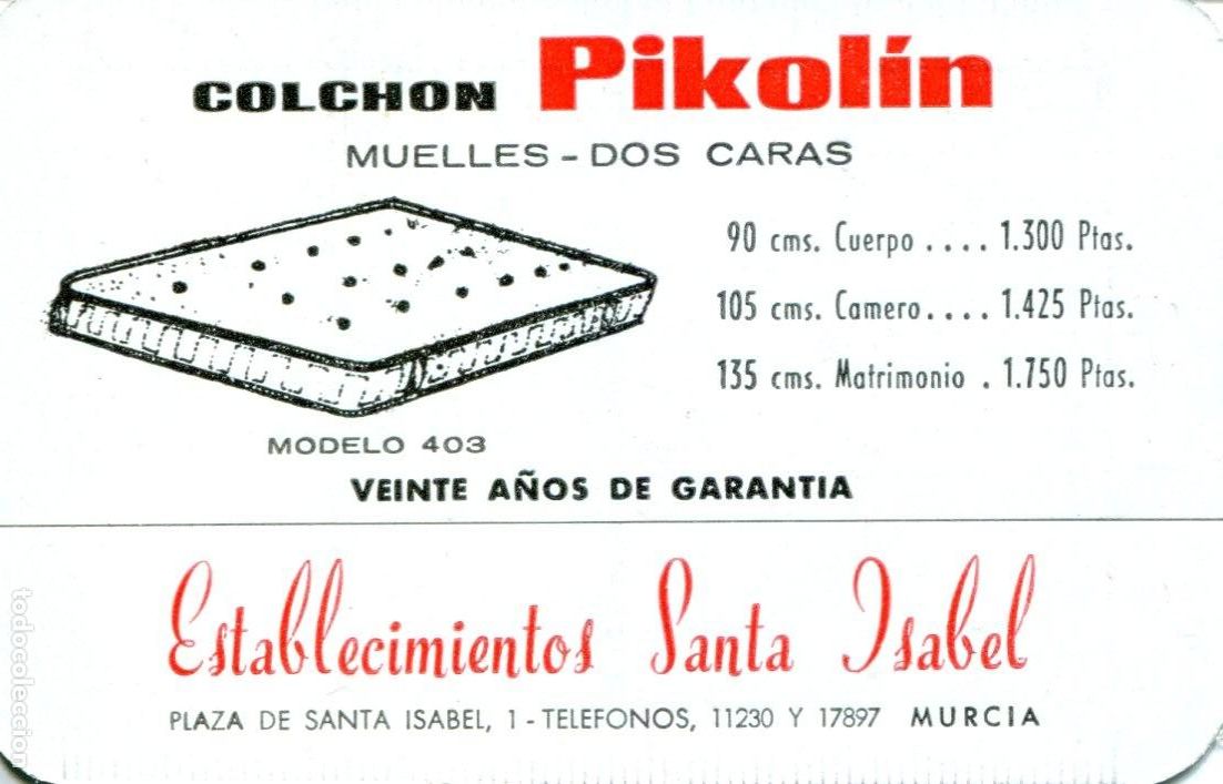 Coleccionismo calendarios: CALENDARIO A&Ntilde;O 1964 COLCHONES PIKOLIN EN MURCIA TIPO FOURNIER